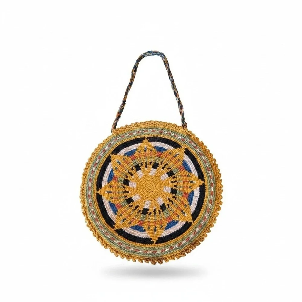 Vintage Knitted Round Boho Ethnic Bag Tribal Artisan Folk Retro Circle Gypsy